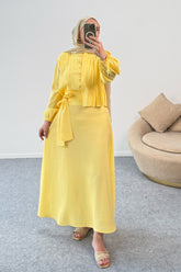 Kolları Büzgülü Nervürlü Kuşaklı Gömlek ve Uzun Etekli İkili Takım 8875 - Sarı